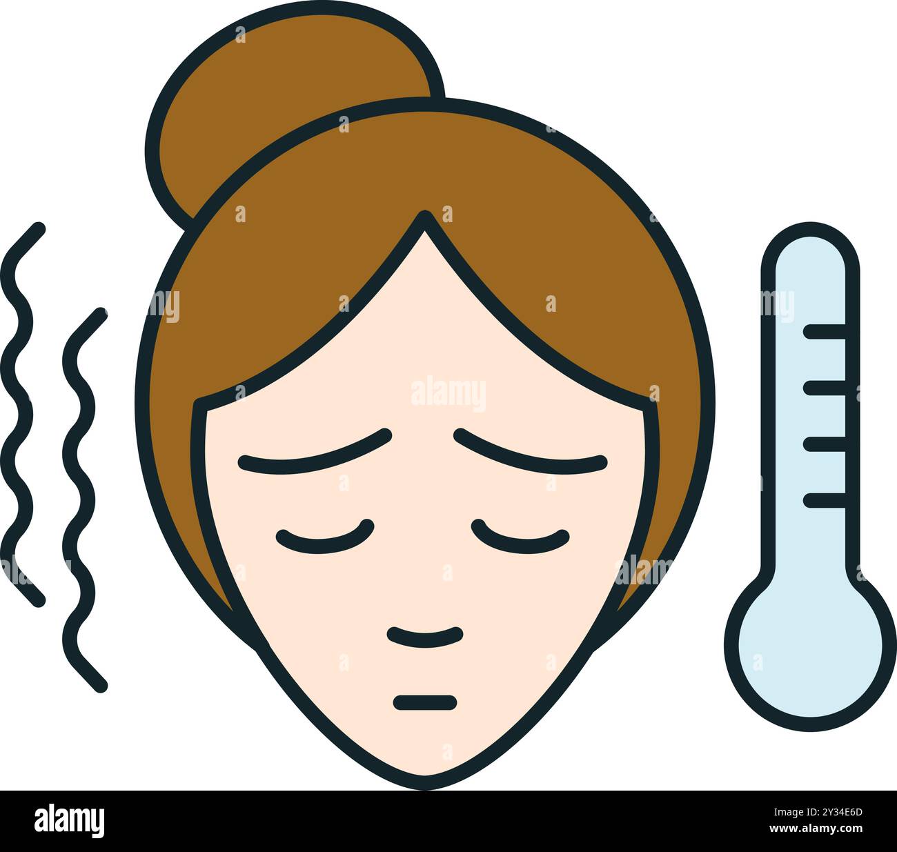 Icona di una donna malata con la febbre, illustrata con un termometro Illustrazione Vettoriale