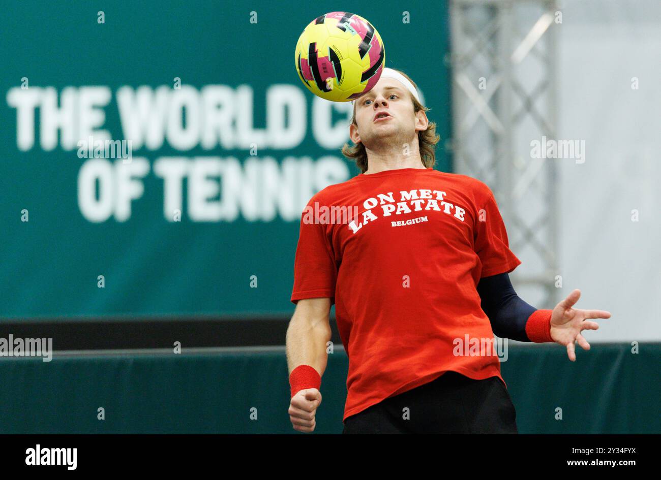 Bologna, Italia. 12 settembre 2024. Il belga Zizou Bergs nella foto durante una sessione di allenamento, in vista della seconda partita Del gruppo A della fase A gironi delle finali di Coppa Davis, giovedì 12 settembre 2024, presso l'Unipol Arena, a Bologna, Italia. BELGA PHOTO BENOIT DOPPAGNE credito: Belga News Agency/Alamy Live News Foto Stock