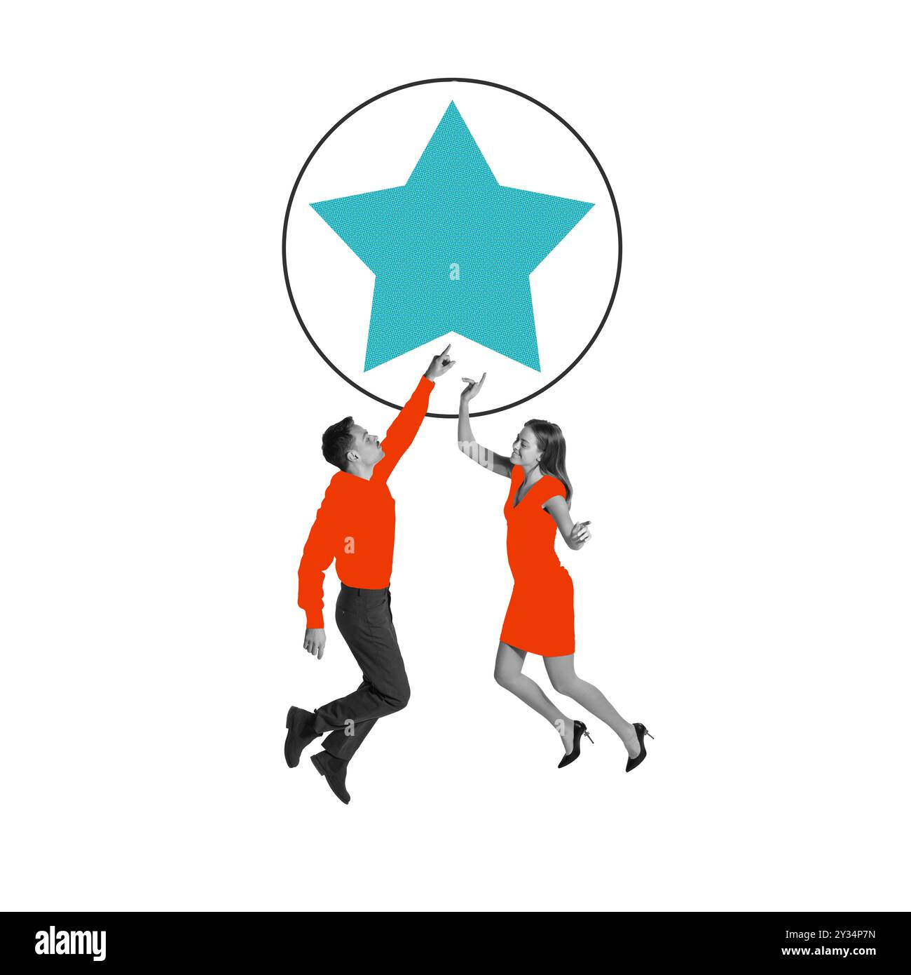 Due persone che saltano per raggiungere una grande stella, rappresentano la ricerca dell'eccellenza e lo sviluppo delle competenze. Progettazione concettuale. Foto Stock