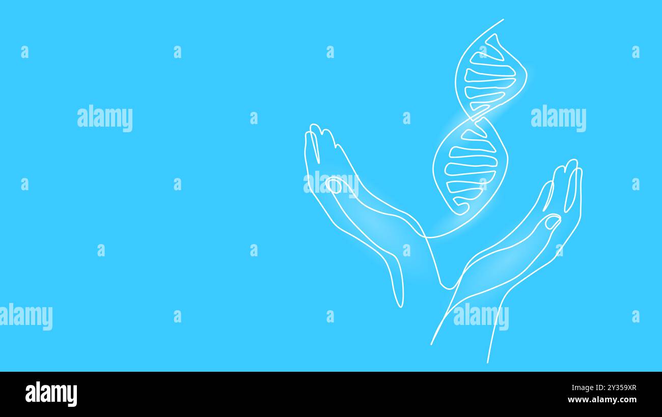 Concetto di simbolo dell'elica del codice DNA continuo a una linea. Silhouette della scienza moderna medicina icona tecnologia. Disegno di schizzo a linea singola bianco digitale Illustrazione Vettoriale
