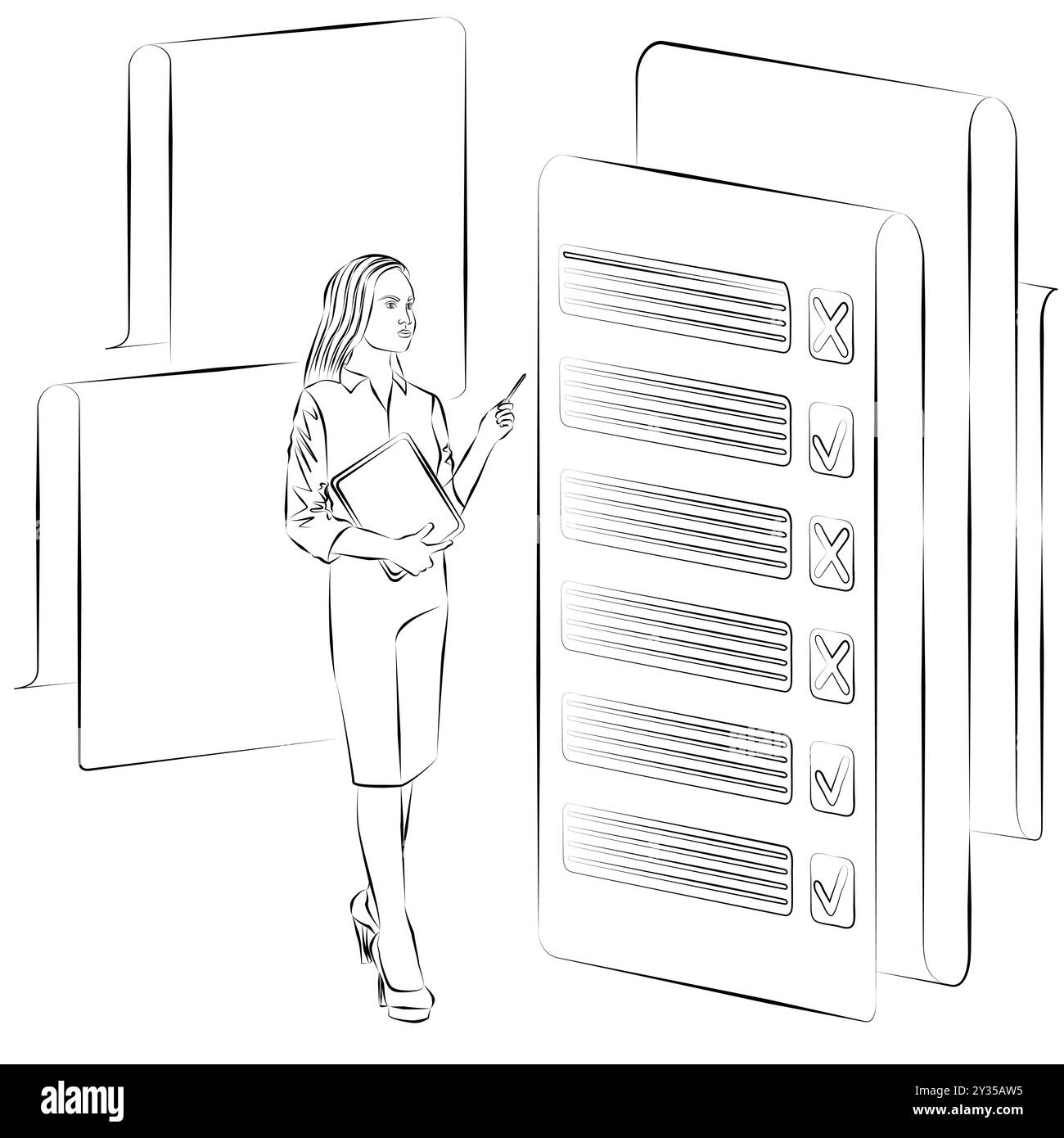 Una donna studia i risultati del sondaggio per identificare e comprendere i problemi nel processo decisionale. Concetto di business. Schizzo. Illustrazione vettoriale. Illustrazione Vettoriale