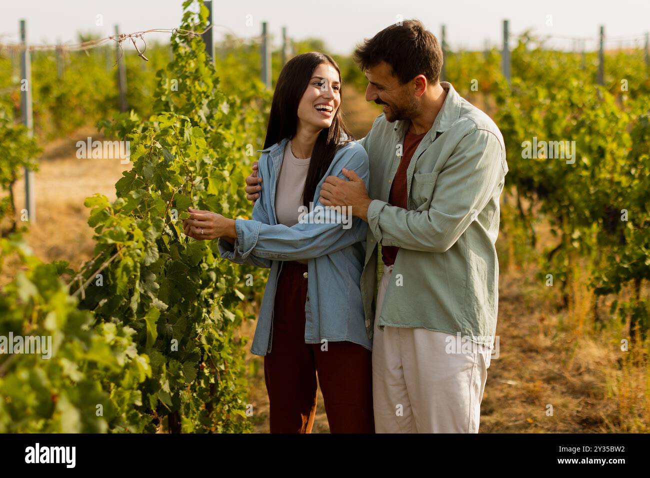 La giovane coppia condivide un momento di gioia tra le vigne verdeggianti, ridendo e abbracciando sotto il caldo sole, celebrando l'amore e la serenità di un pittoresco Foto Stock