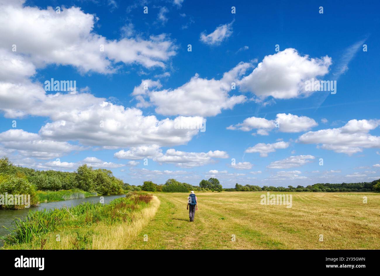 Camminando lungo il Tamigi Path lungo un tranquillo tratto del fiume vicino a Newbridge, nell'Oxfordshire, Regno Unito, in una soleggiata giornata estiva Foto Stock