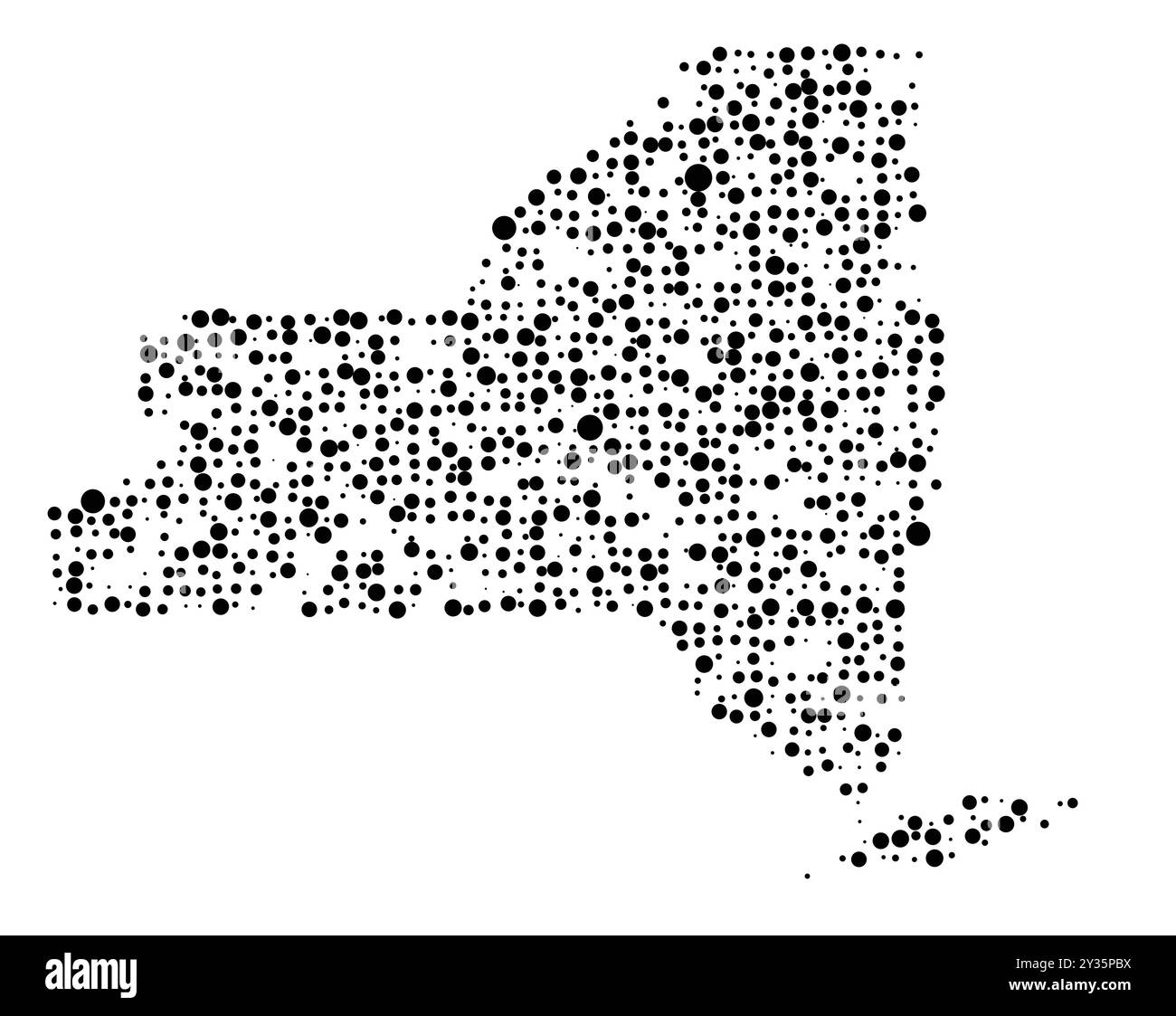 Mappa dei simboli dello Stato di New York (Stati Uniti d'America) che mostra lo stato con un modello di cerchi neri distribuiti casualmente di diverse dimensioni Illustrazione Vettoriale