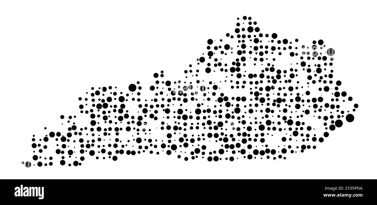 Mappa dei simboli dello Stato del Kentucky (Stati Uniti d'America) che mostra lo stato con un modello di cerchi neri distribuiti casualmente di diverse dimensioni Illustrazione Vettoriale
