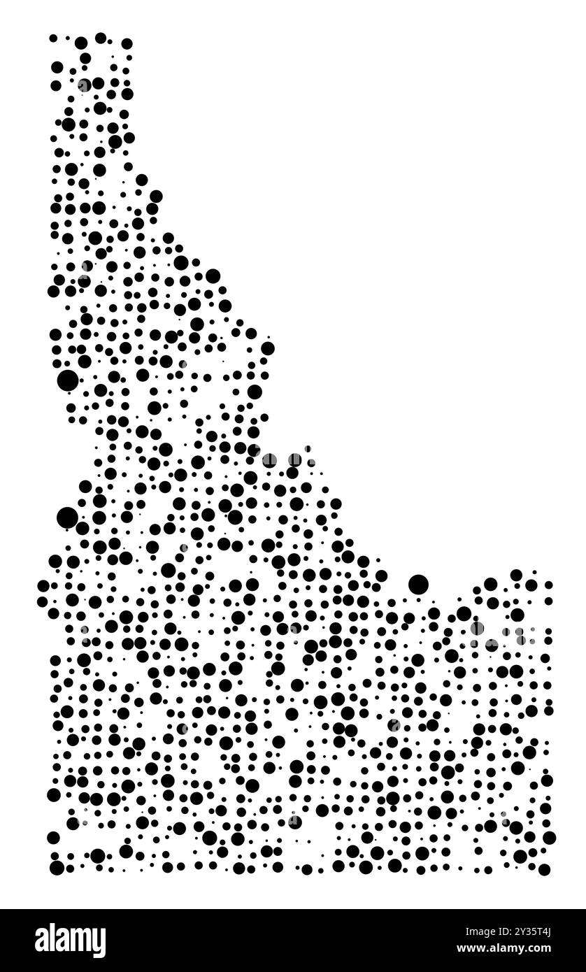 Mappa dei simboli dell'Idaho (Stati Uniti d'America) che mostra lo stato con un modello di cerchi neri distribuiti casualmente di diverse dimensioni Illustrazione Vettoriale