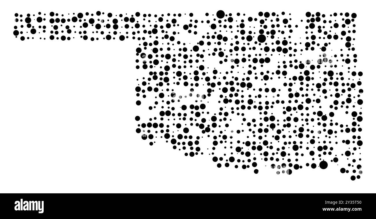 Mappa dei simboli dello Stato dell'Oklahoma (Stati Uniti d'America) che mostra lo stato con un modello di cerchi neri distribuiti casualmente di diverse dimensioni Illustrazione Vettoriale