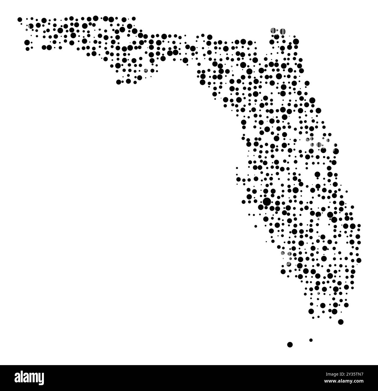 Mappa dei simboli dello Stato della Florida (Stati Uniti d'America) che mostra lo stato con un modello di cerchi neri distribuiti casualmente di diverse dimensioni Illustrazione Vettoriale