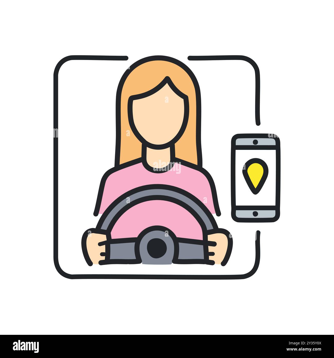 Donna che guida con il gps. Conducente femminile che utilizza un sistema di navigazione GPS su uno smartphone durante la guida. Illustrazione Vettoriale
