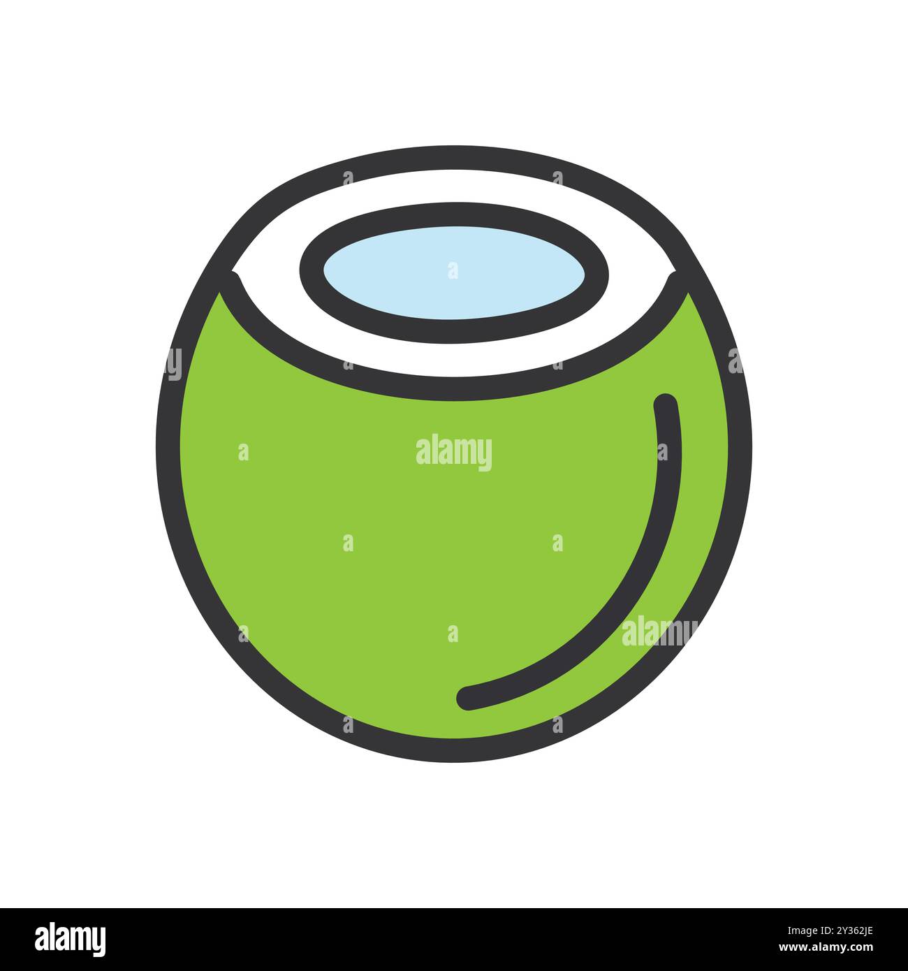 Icona verde di cocco. Icona raffigurante una noce di cocco verde con la parte superiore aperta e una bevanda rinfrescante all'interno. Illustrazione Vettoriale