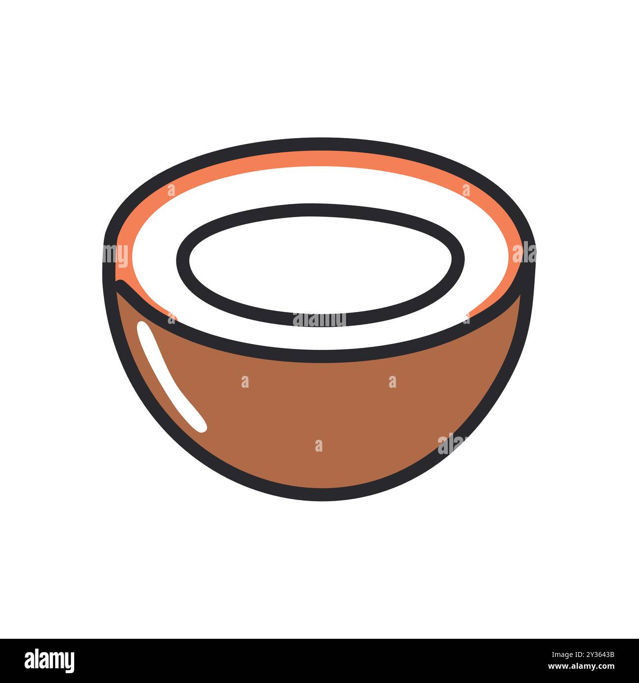 Metà cocco. Guscio di cocco aperto con latte bianco all'interno, simboleggia i sapori tropicali e la bontà naturale. Illustrazione Vettoriale