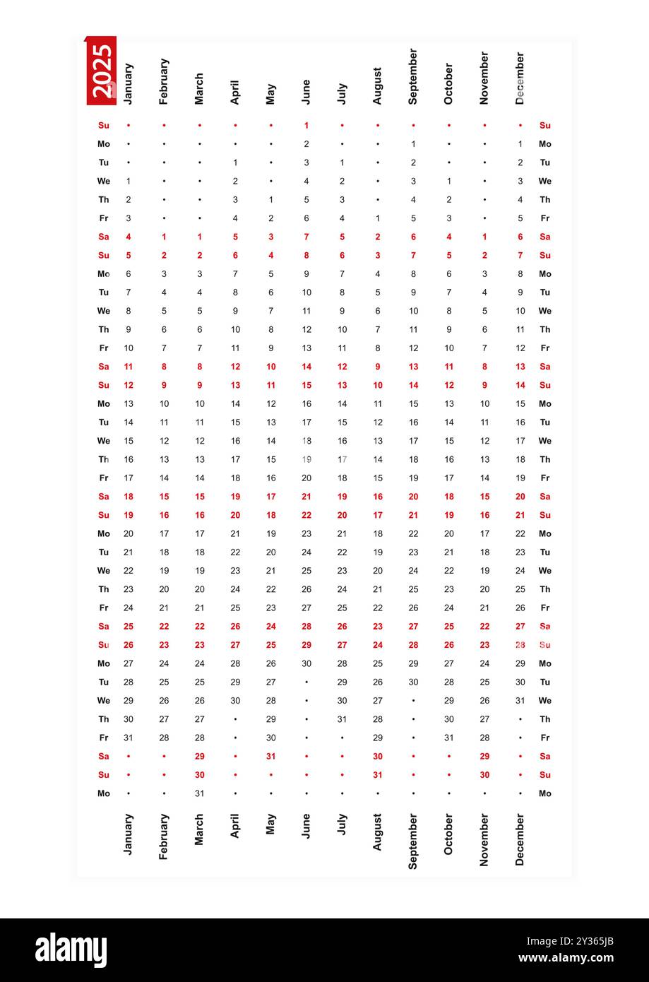 Calendario verticale a una riga 2025, domenica primo giorno della settimana. Calendario vettoriale. Illustrazione Vettoriale