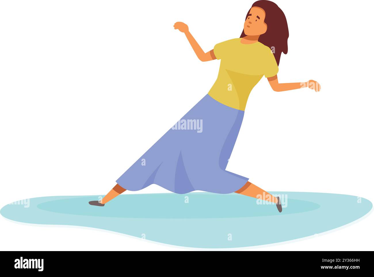 La giovane donna sta scivolando su un pavimento bagnato, cercando disperatamente di mantenere l'equilibrio Illustrazione Vettoriale