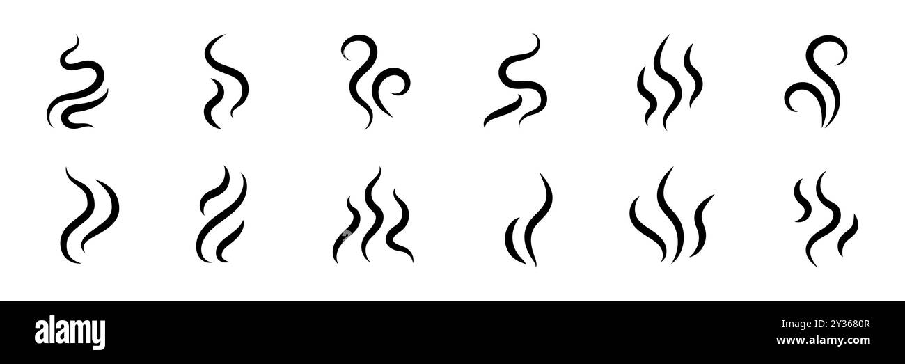 Set di logo del vettore dell'icona del vapore di fumo. Illustrazione dell'icona dell'odore di fumo, dell'aroma di vapore e del calore. Logo della linea di scarabocchi fuoco vapore caldo. Colpire puzza, caffè, fragranza elementi fiamma. Illustrazione vettoriale. Illustrazione Vettoriale