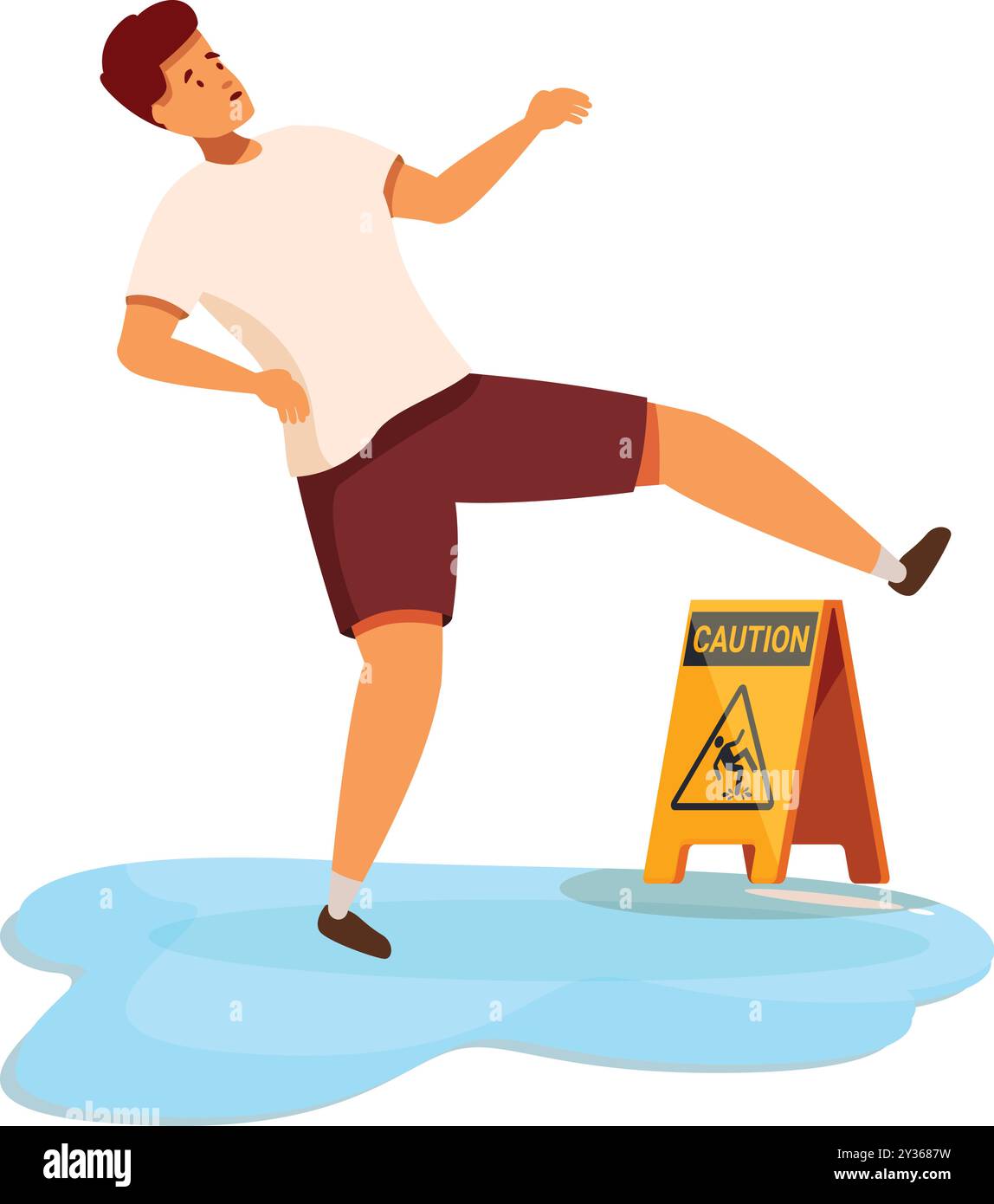 L'uomo sta perdendo l'equilibrio su un pavimento bagnato accanto a un cartello di avvertimento giallo Illustrazione Vettoriale