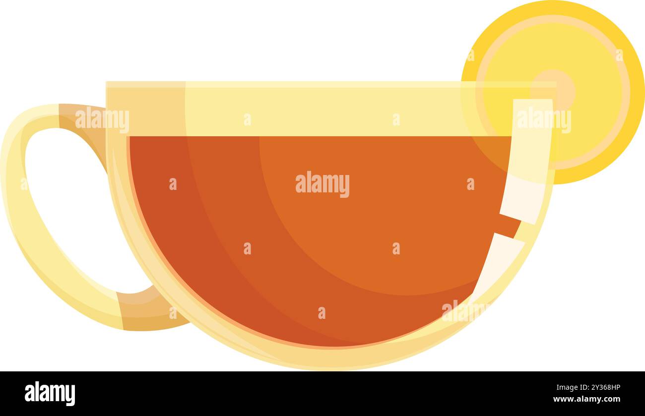 Tazza di vetro contenente tè nero caldo fumante con una fetta di limone sul bordo, perfetta per la colazione o per un pomeriggio rilassante Illustrazione Vettoriale