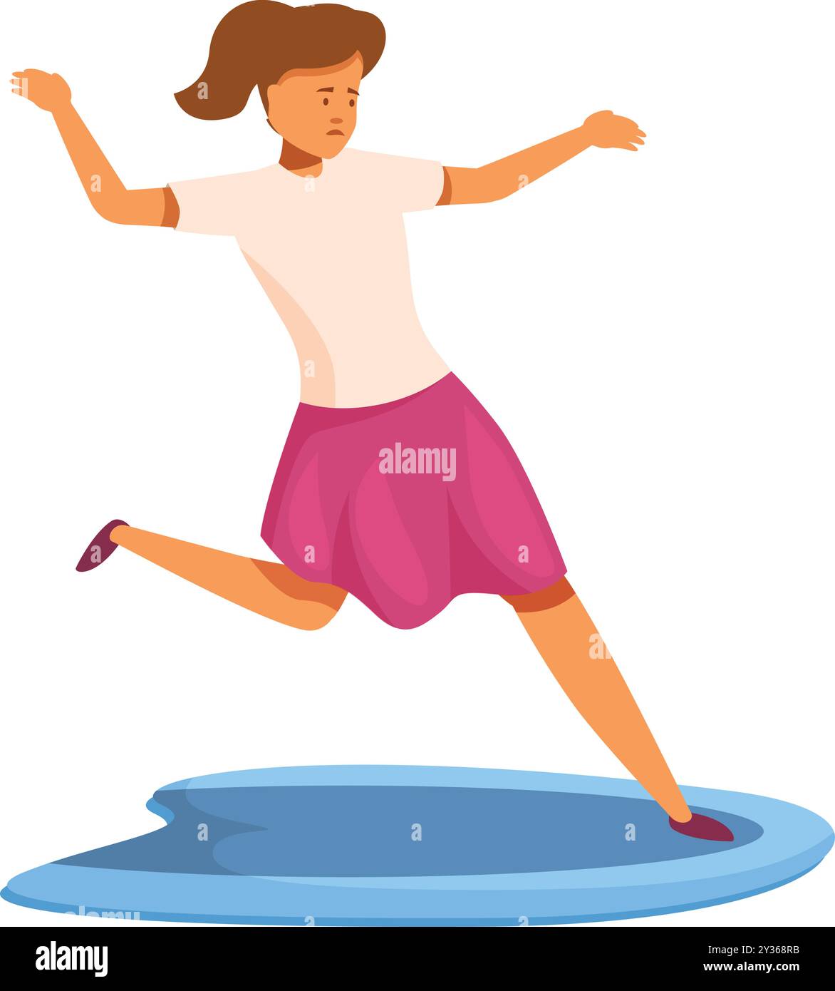 La giovane donna scivola su un pavimento bagnato, le braccia allungate per l'equilibrio e un'espressione preoccupata sul viso Illustrazione Vettoriale