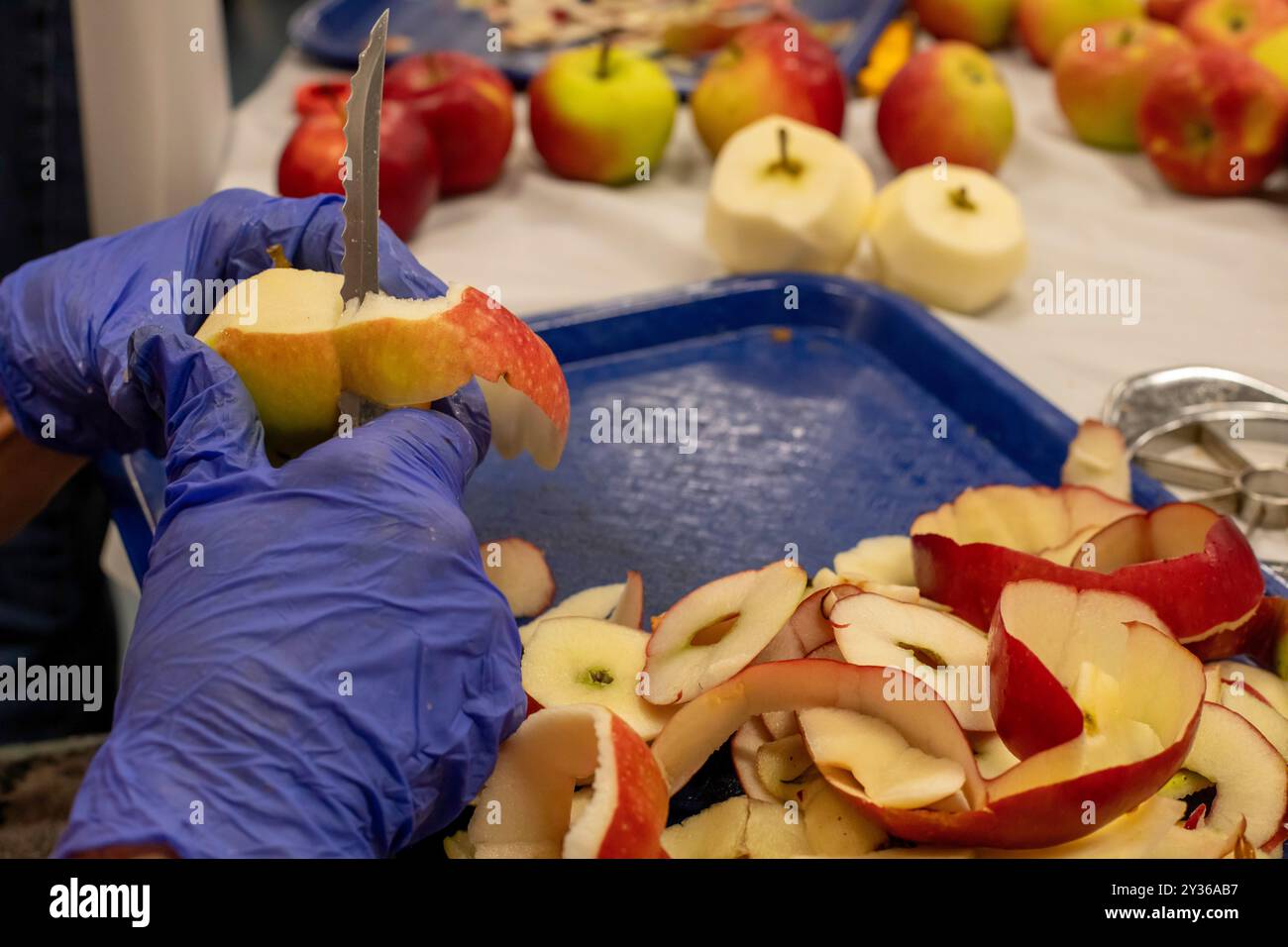 St. Clair Shores, Michigan - i volontari del St. Clair Shores Senior Center preparano torte di mele durante la loro annuale Apple Pie Week. Ne fanno circa 900 Foto Stock