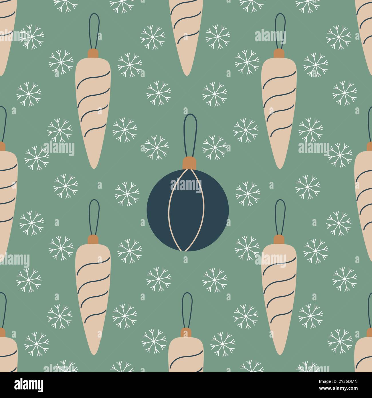 Palle dell'albero di Natale ornate da linee, motivo vettoriale senza cuciture. Decorazioni natalizie disegnate a mano con fiocchi di neve. Pattern nei campioni. Per tessuto, chiave Illustrazione Vettoriale