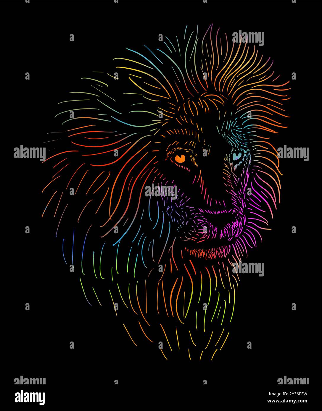 Leone colorato su sfondo nero. Design grafico su una t-shirt. disegno a mano. Non ai, illustrazione vettoriale. Illustrazione Vettoriale