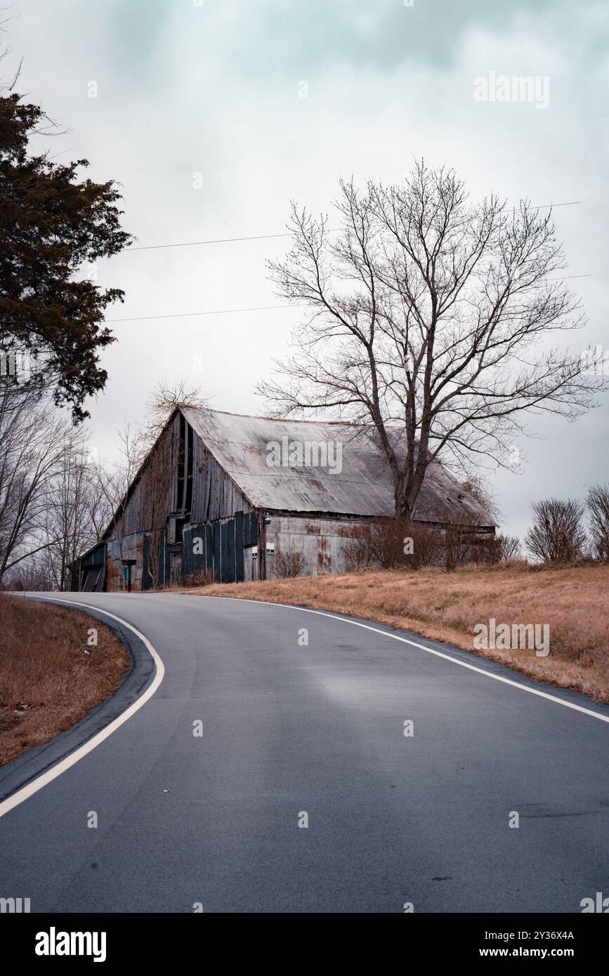Scena rurale con strada che conduce a un fienile in legno abbandonato Foto Stock