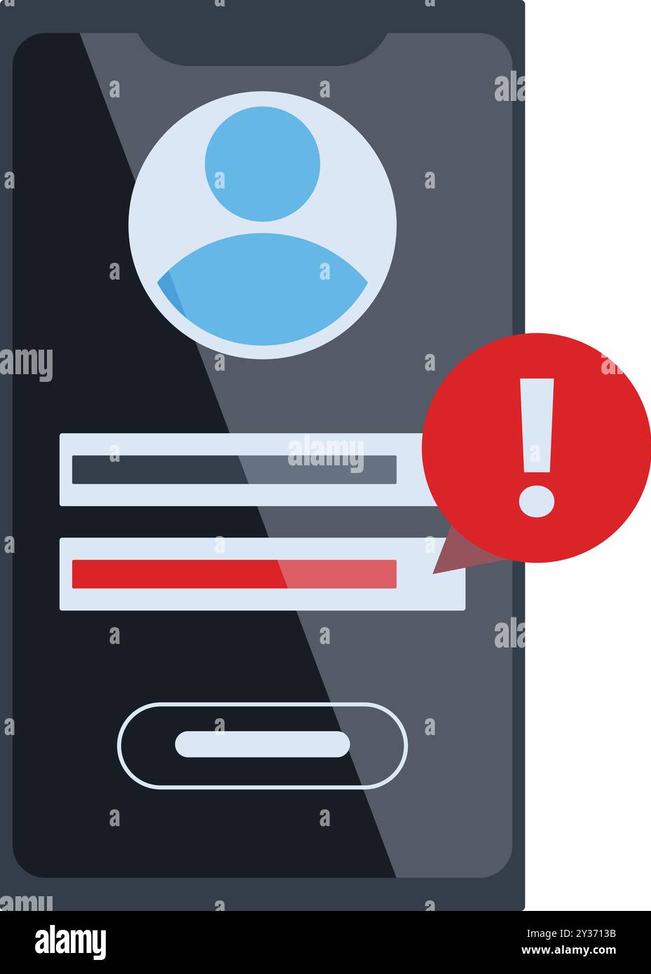 Sullo smartphone che visualizza un profilo utente viene visualizzata una notifica di errore con un punto esclamativo Illustrazione Vettoriale