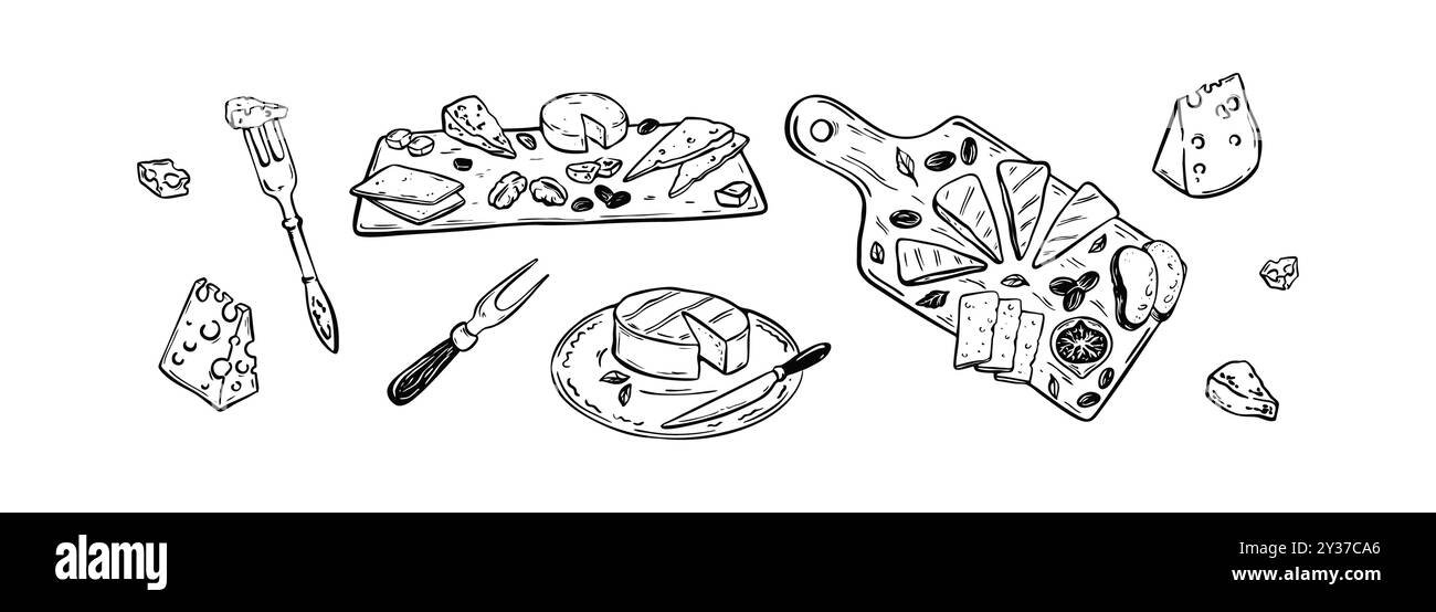 platte di vino e formaggio. Tagliere di salumi. Disegno della calligrafia del cibo in stile boodle sketch. Cheddar, parmigiano, gouda, brie, gorgonzola fette e pezzi. Illustrazione Vettoriale