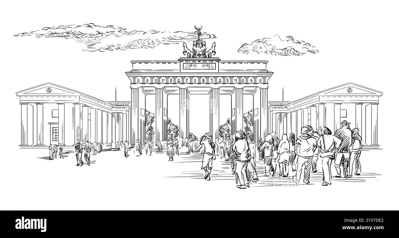 Architettura dettagliata della porta di Brandeburgo, un simbolo iconico di Berlino, Germania. Punto di riferimento disegnato a mano, disegnare con attrazione. Illustrazione vettoriale. Prod Illustrazione Vettoriale