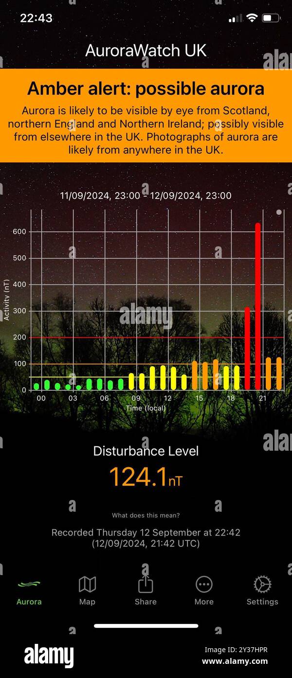 Doddiscombsleigh, Devon, Regno Unito. 12 settembre 2024. Aurorawatch allerta per l'aurora boreale nel cielo notturno sopra Doddiscombsleigh, Devon, Regno Unito. I picchi rossi mostrano quando l'aurora boreale è probabilmente più visibile. Crediti: Nidpor/Alamy Live News Foto Stock