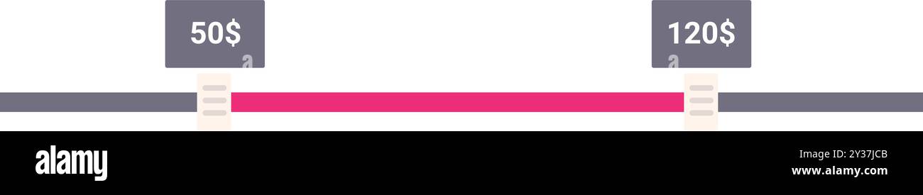 Il cursore dell'intervallo di prezzi è in fase di regolazione, mostrando una variazione di valore da cinquanta a centoventi dollari Illustrazione Vettoriale