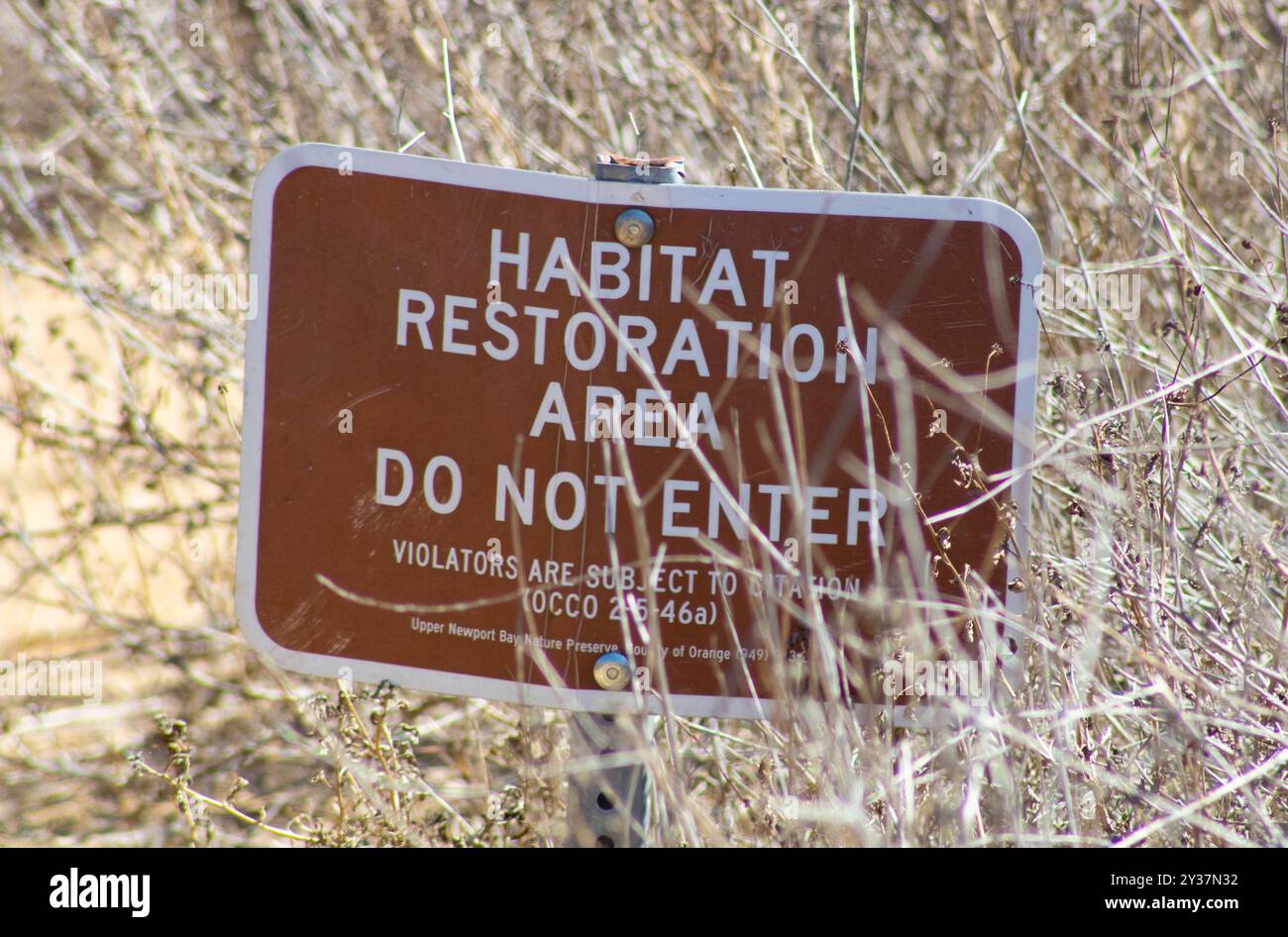 Cartello "Habitat Restoration area Do Not Enter" (area ripristino habitat non entrare Foto Stock