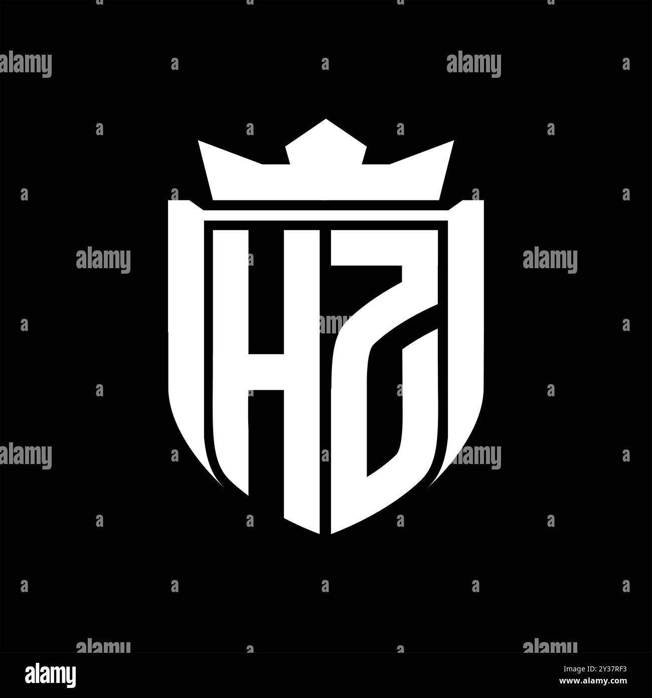 Logo HZ Letter con forma a scudo all'interno dello scudo logo corona su sfondo nero modello Foto Stock