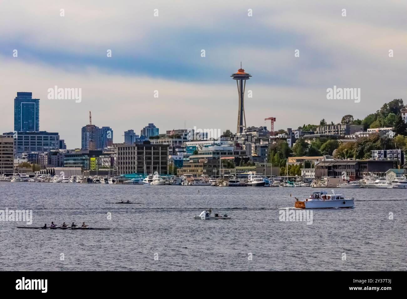 Vista del lago Union e dello Space Needle dal gas Works Park sul lago Union, Seattle, Washington State, USA Foto Stock