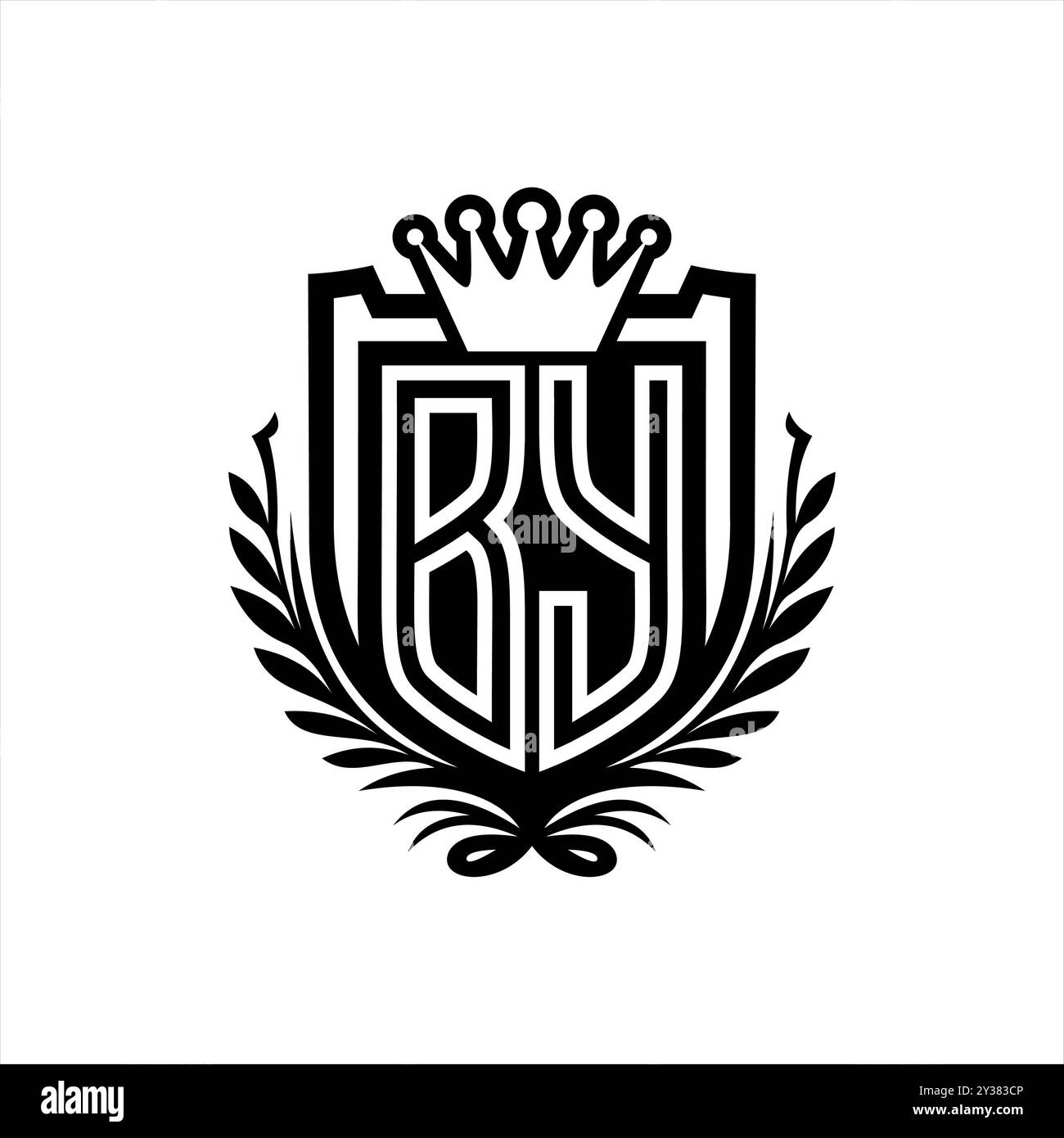 Logo con lettera forma araldica a forma di scudo con corona, scudo vintage su sfondo bianco Foto Stock