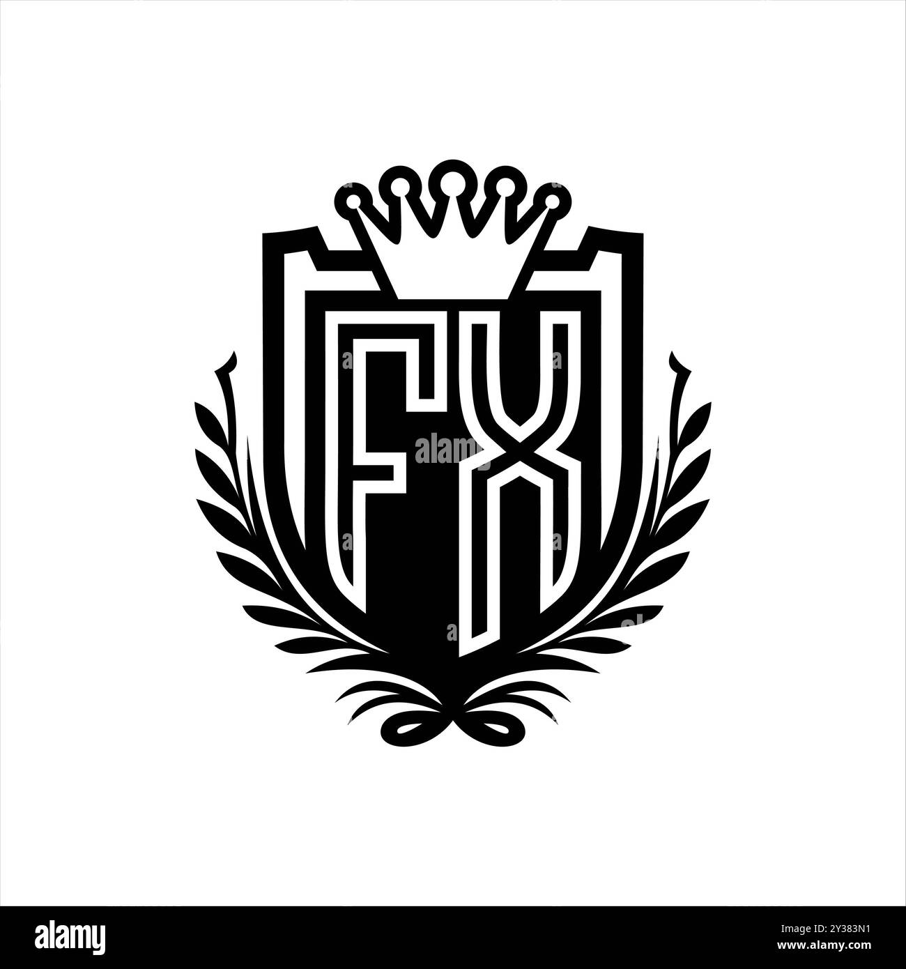 Scudo araldico con logo FX Letter e corona, scudo vintage su sfondo bianco Foto Stock