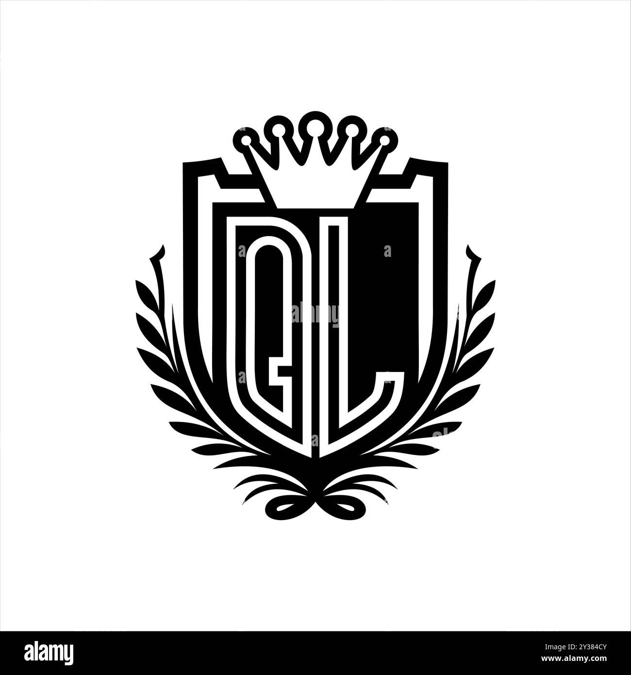 Scudo araldico con logo QL Letter e corona, scudo vintage su sfondo bianco Foto Stock