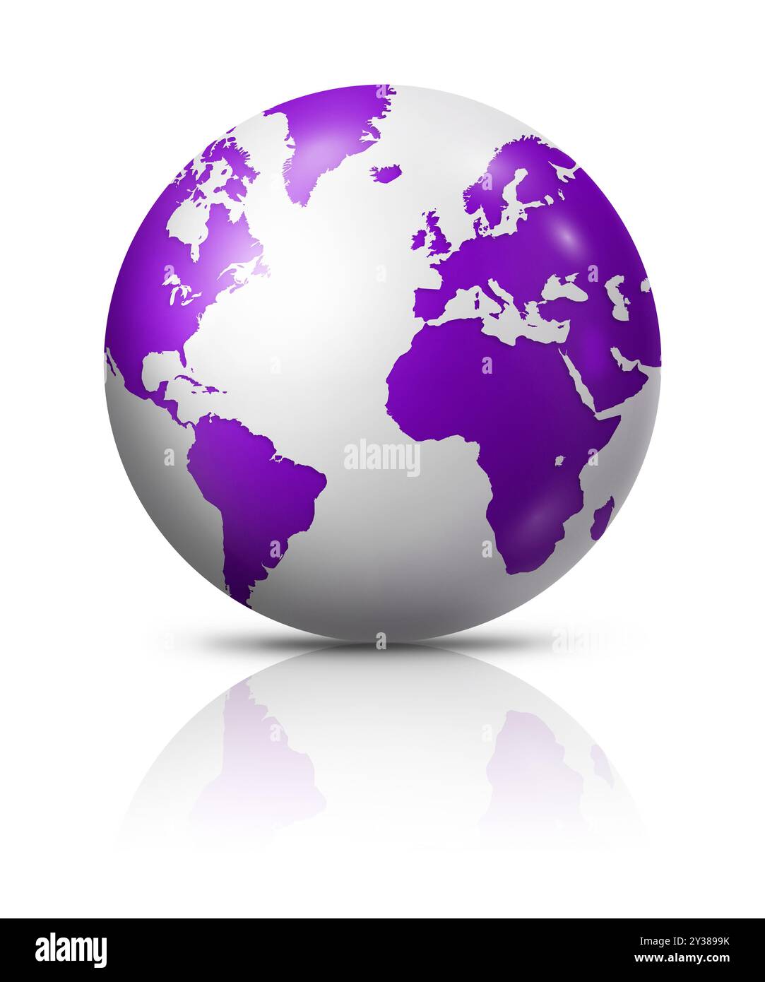 Globo di terra viola isolato su sfondo bianco. Illustrazione 3D Foto Stock