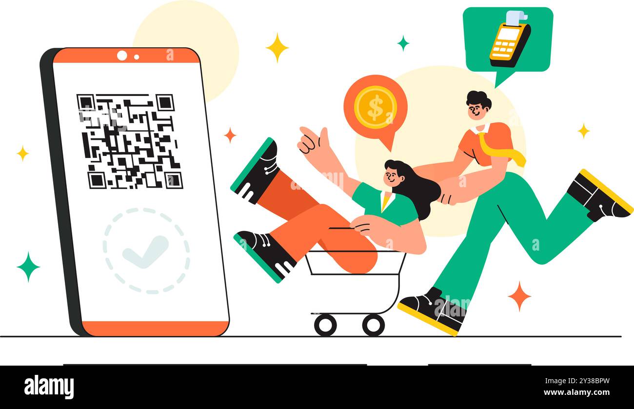 Merchant Services Vector illustrazione di una strategia di marketing digitale con persone che indirizzano le aziende e guadagnano denaro online in un contesto piatto Illustrazione Vettoriale