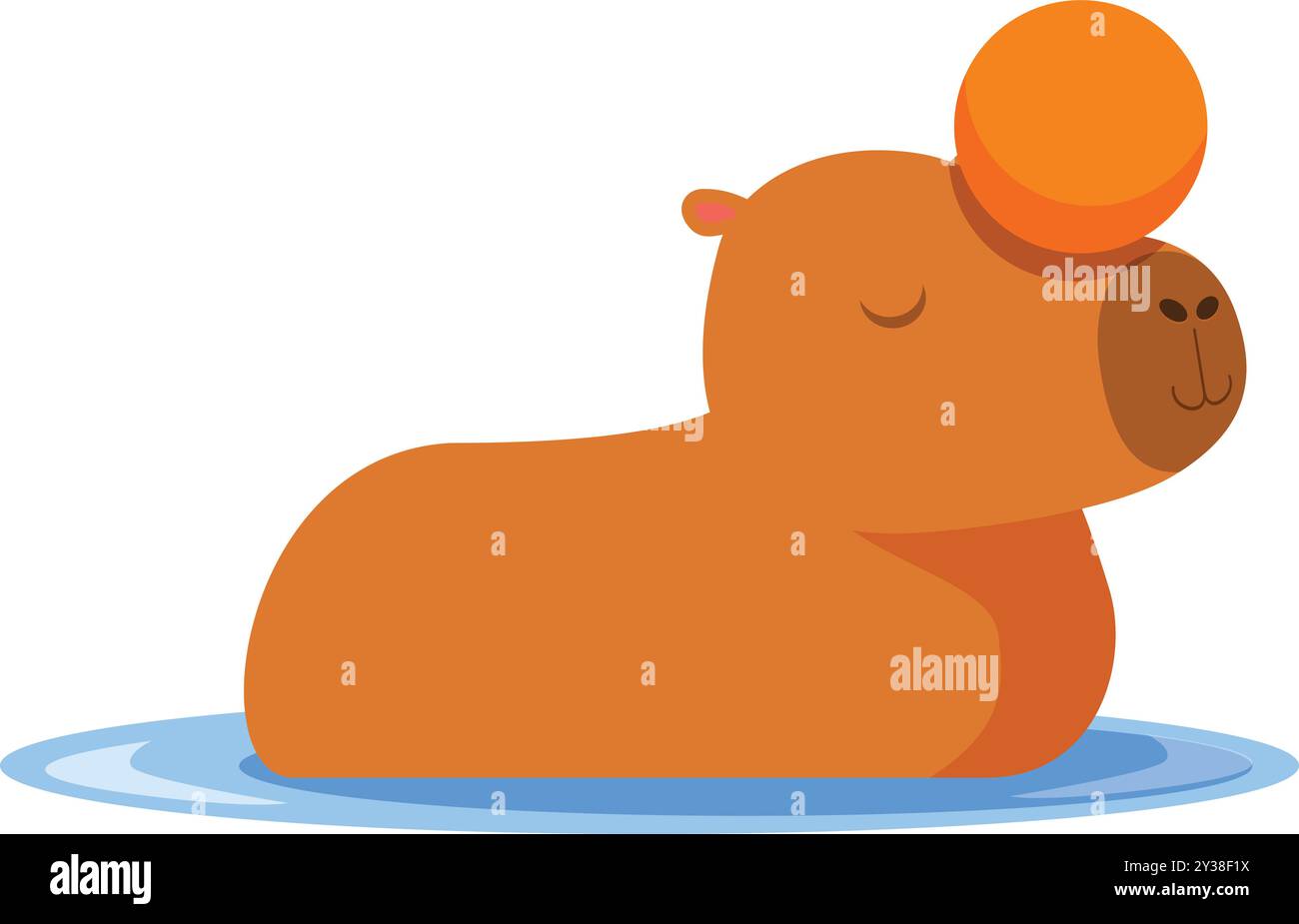 Carino capybara cartoni animati che si rilassa in acqua con un arancio bilanciato sulla testa Illustrazione Vettoriale