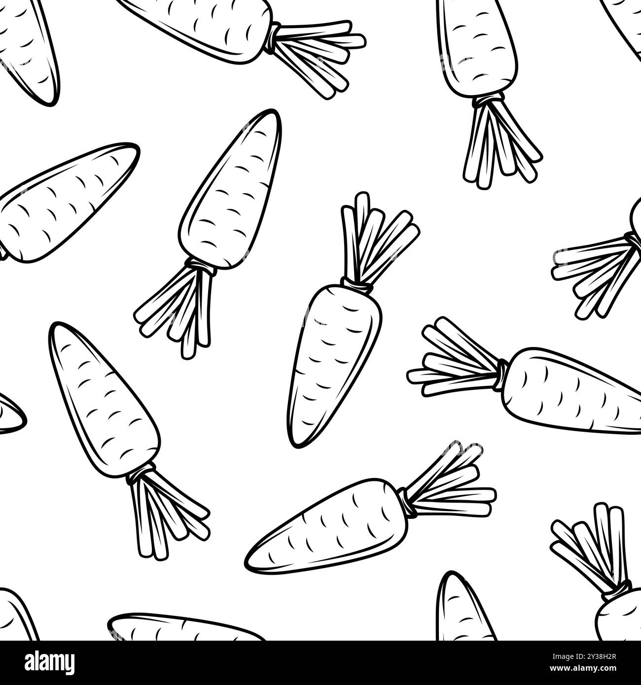 Caramelle piatte Vector Seamless Cartoon con contorno bianco e nero su sfondo bianco. Stampa carota fresca per un'alimentazione sana, cibo biologico Illustrazione Vettoriale