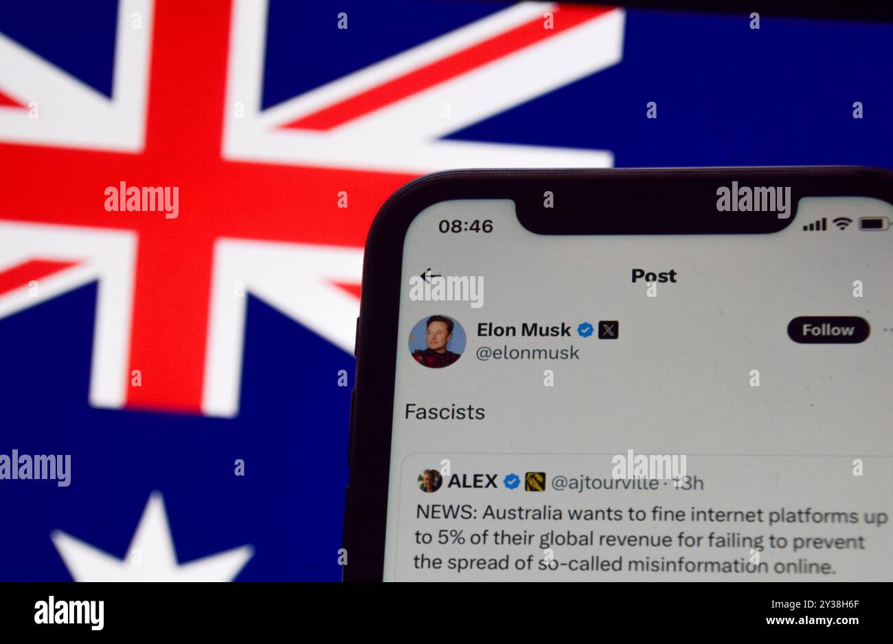 Londra, Inghilterra, Regno Unito. 13 settembre 2024. Il governo australiano intende frenare la diffusione di disinformazione deliberata sui social media con una nuova legislazione che potrebbe vedere aziende come X, ex Twitter, multate fino al 5% del loro fatturato annuo. Il proprietario di X Elon Musk ha risposto chiamando il governo australiano "fascisti" (immagine di credito: © Vuk Valcic/ZUMA Press Wire) SOLO USO EDITORIALE! Non per USO commerciale! Foto Stock