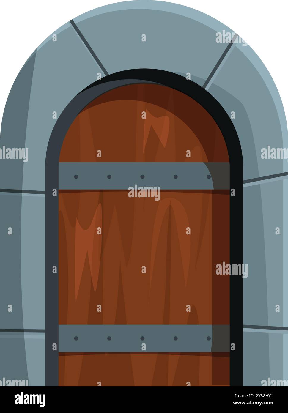 Porta medievale in legno ad arco con cinghie in metallo, che mostra un ingresso resistente agli agenti atmosferici Illustrazione Vettoriale