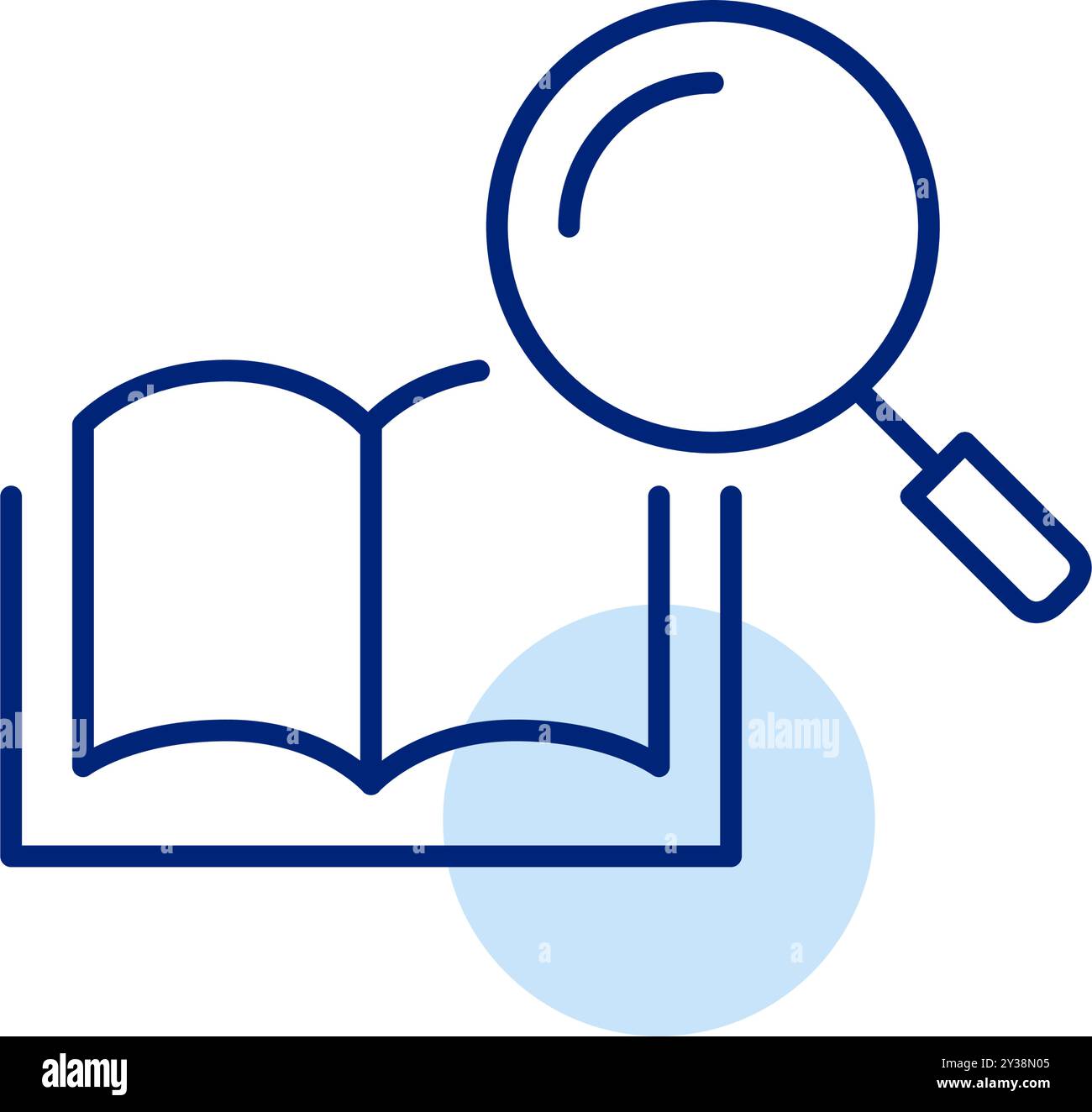 Libro e lente d'ingrandimento. Ricerca di libri su piattaforme online, strumenti di studio, ricerca accademica e riferimenti. Pixel Perfect, icona del vettore di traccia modificabile Illustrazione Vettoriale