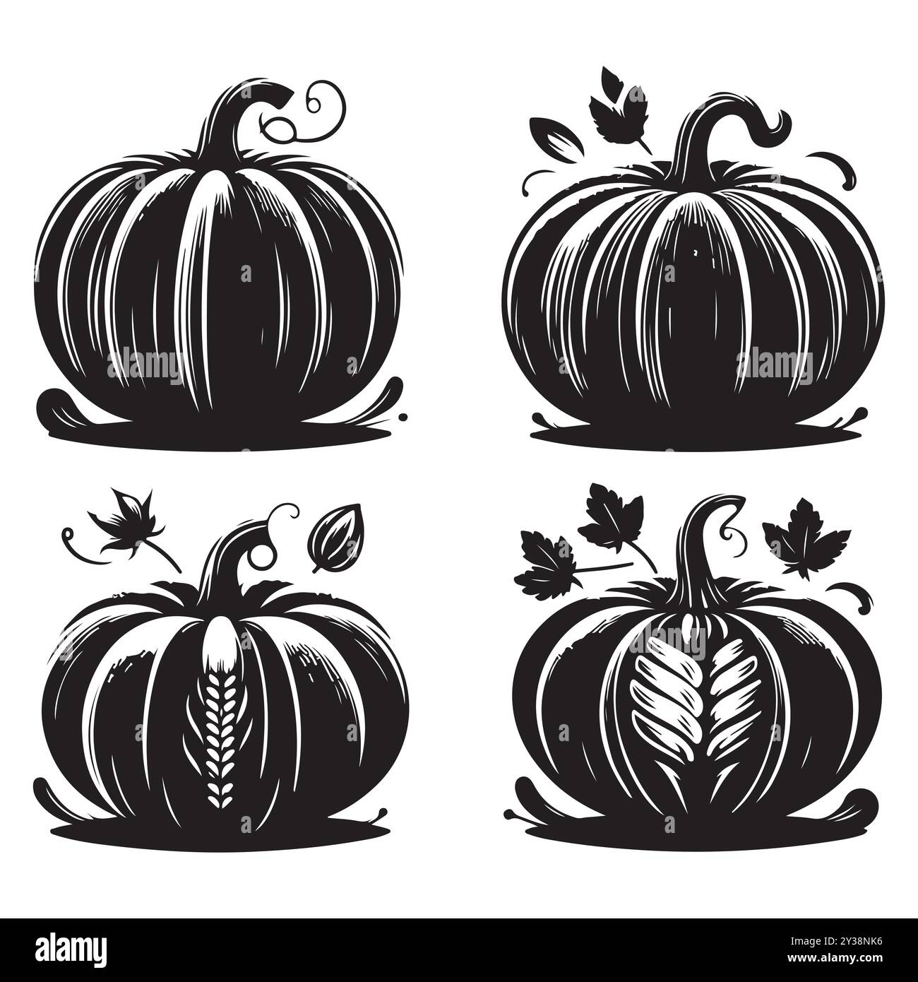 Set di sagome di zucca isolate su sfondo bianco, illustrazione vettoriale. Illustrazione Vettoriale