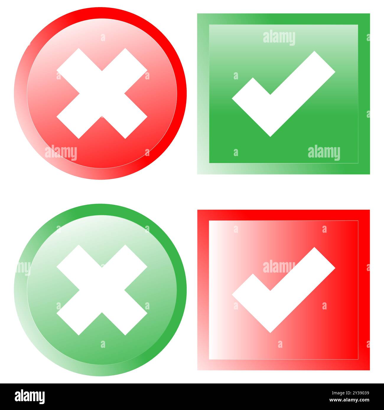 Segno di spunta rosso e verde o segno di spunta e croce nei pulsanti quadrati e rotondi Illustrazione Vettoriale