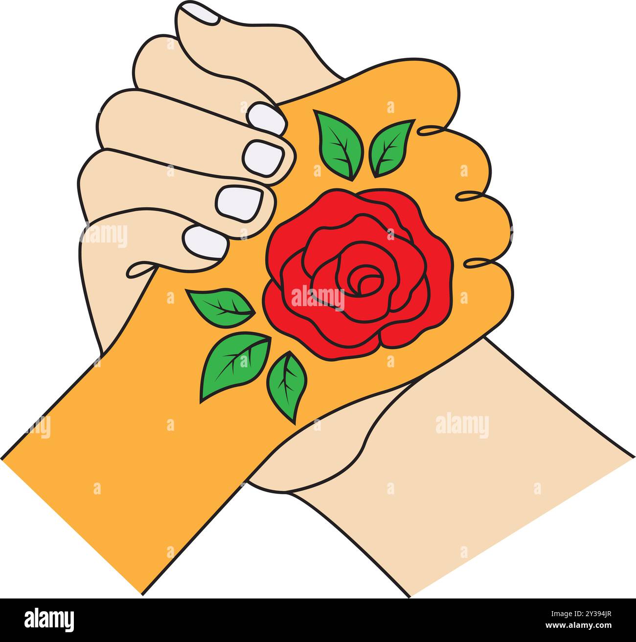 Marito e moglie si tengono le mani con il vettore di rose. Icona amore , relazione e amicizia. Illustrazione Vettoriale