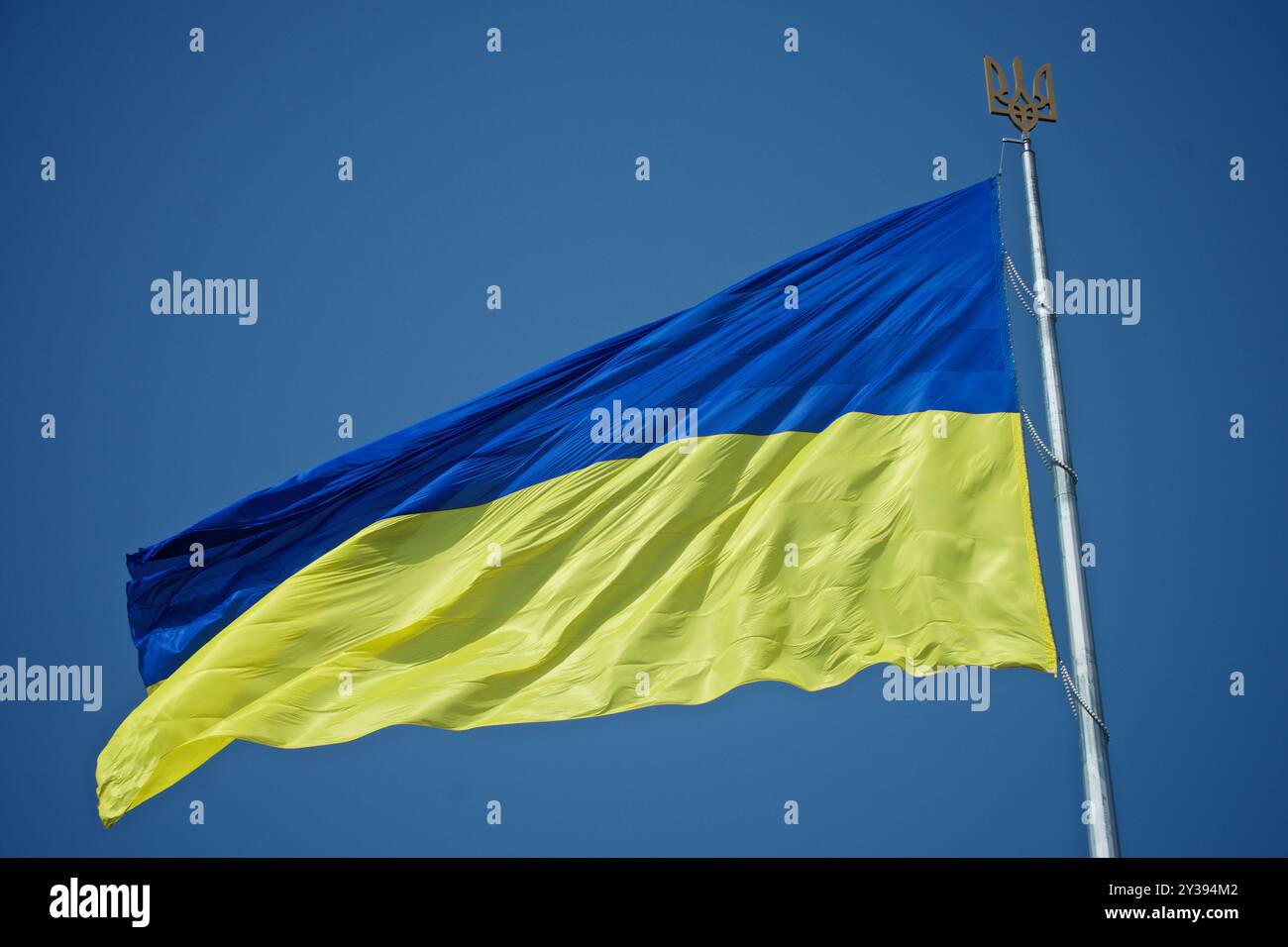 Grande bandiera dell'Ucraina su sfondo blu Foto Stock