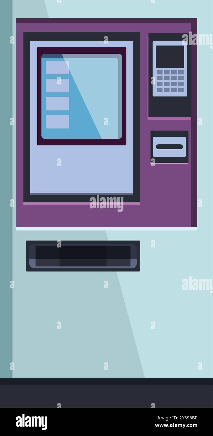 Moderno distributore automatico di biglietti per l'emissione di pass di trasporto con display digitale e lettore di schede Illustrazione Vettoriale