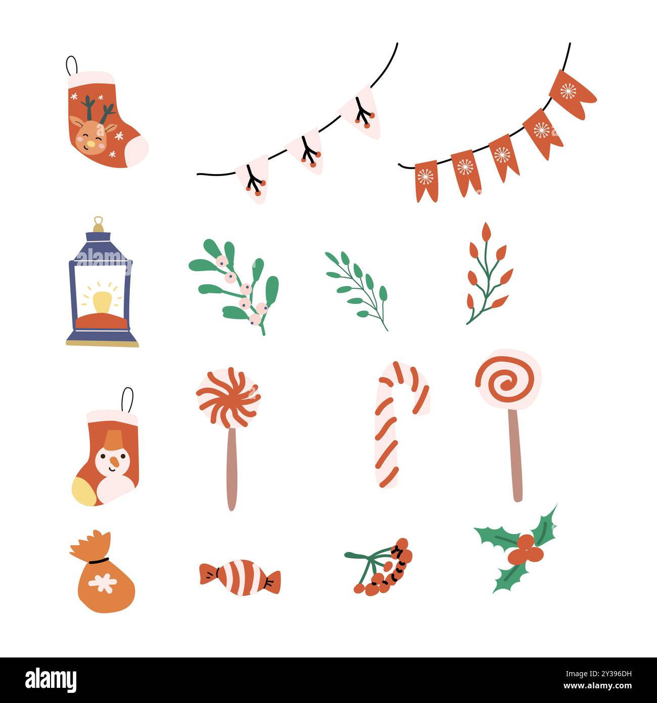 Carini elementi natalizi per babbo natale. Buon anno e decorazioni natalizie. Design piatto. Illustrazione vettoriale decorazioni natalizie. Illustrazione Vettoriale