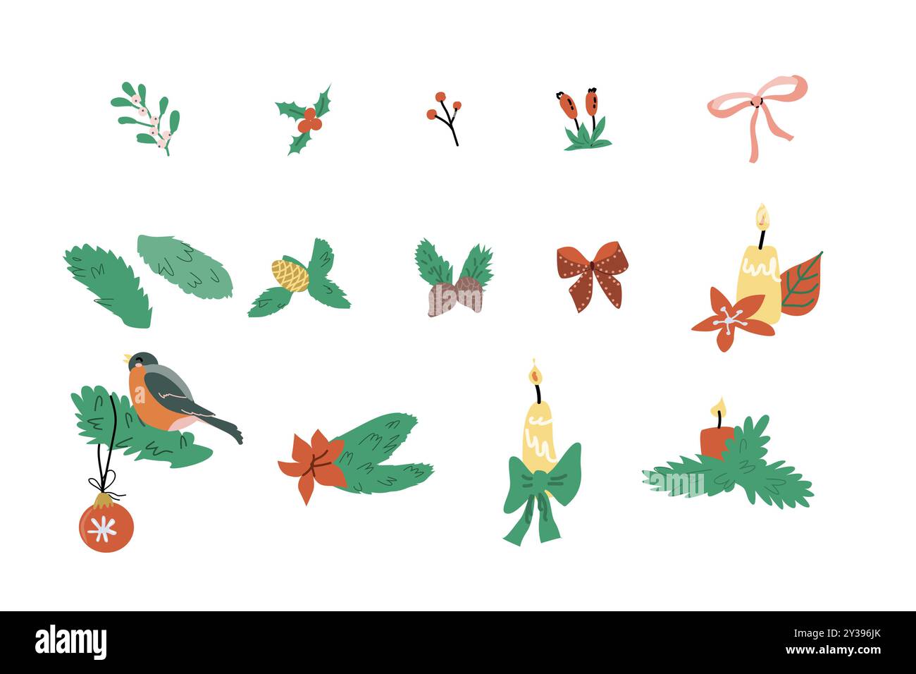 Carini elementi natalizi per babbo natale. Buon anno e decorazioni natalizie. Design piatto. Illustrazione vettoriale decorazioni natalizie. Illustrazione Vettoriale